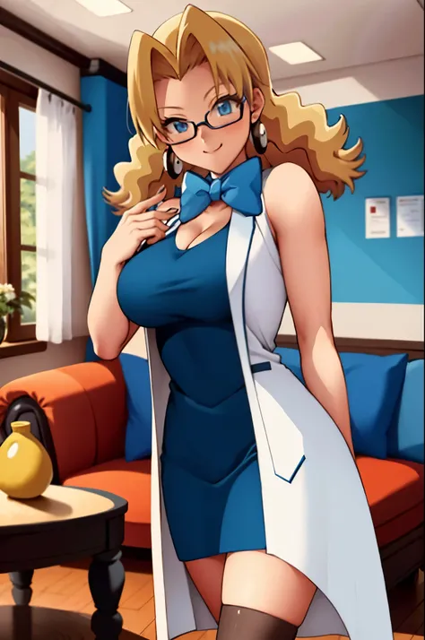 1girl,mollypm3,standing,facing viewer,earrings,blond hair,blue dress,lab coat,bowtie,boots,smiling, livingroom, indoors, large breasts, upper body, sakimichan, bare legs, 