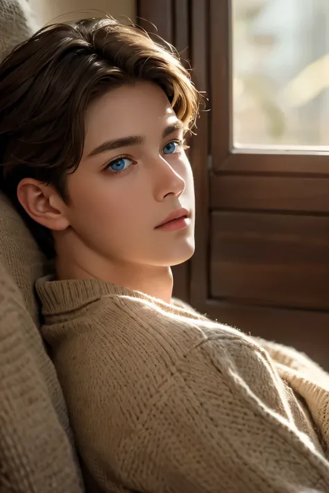 (Best Quality, Realistic), 12 Years 1Boy, Detailed Eyes, Detailed Lips, Brown Hair, Blue Eyes, Watching, Room, Cozy Ambience, Soft Lighting, Tranquil Ambience, Male