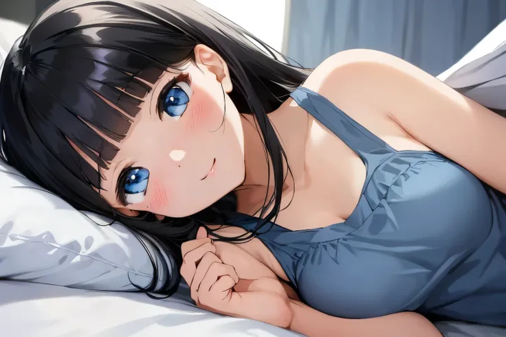 Masterpiece、highest quality、1 female、Super detailed　Black Hair、Blunt Bangs　Blue Eyes、Detailed depiction of the eyes　Smiling、blush　Tank top　Face is close、Facial Close-up、Bring your face closer　Sheetsに寝転がる、Lying on your side　Sheets