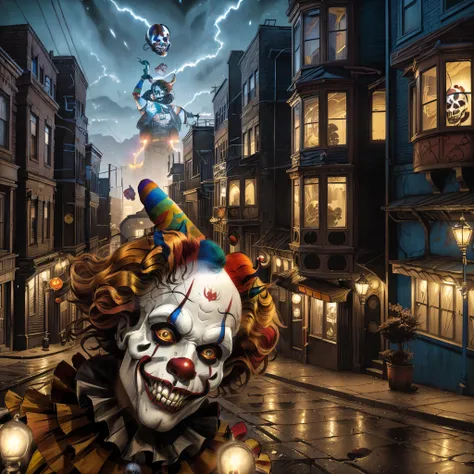 clown in a city street at night with buildings and lights, scary clown, murderous carnival freak, the clown is far from the camera, michael cheval (unreal engine, pennywise style, skull clown, skull clown inside a circus, clown, clown world, stylized urban...