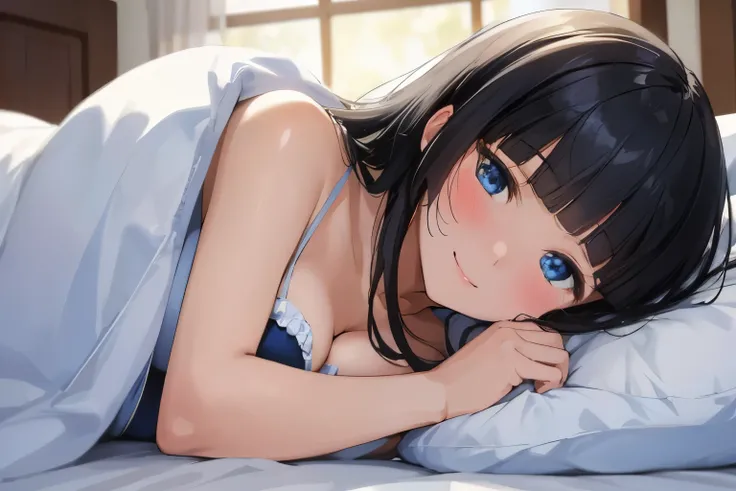 Masterpiece、highest quality、1 female、Super detailed　Black Hair、Blunt Bangs　Blue Eyes、Detailed depiction of the eyes　Smiling、blush　Swimwear　Face is close、Facial Close-up、Bring your face closer　Sheetsに寝転がる、Lying on your side　Sheets