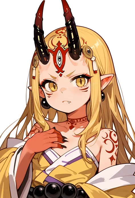 score_9, score_8_up, score_7_up, 1girl, solo, portrait, close-up, upper body, long hair, blonde hair, sidelocks, yellow eyes, pointy ears, facial mark, tattoo, shoulder tattoo, red skin, forehead mark, fingernails, hand on chest, oni, horns, innexpressive,...