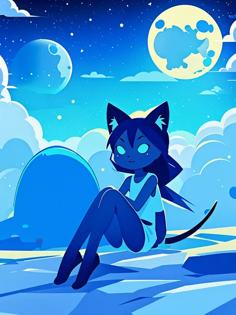 an alien blue cat, humanoid form, on the moon, sitting down, chibi style, sad face, cute, long tail, fuzzy fur, looking towards the sky, 