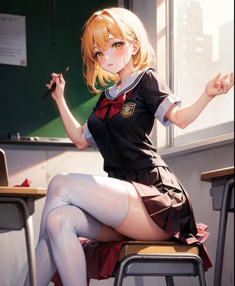 Dynamic posing, dynamic angle, Arrange pose,Top quality work，Show Legs，(short golden hair),(golden eyes), lovely red lips, Rose cheeks, Pretty Face, A perfectly proportioned face, school shirt with red bow and black skirt, (school uniform),  white stocking...