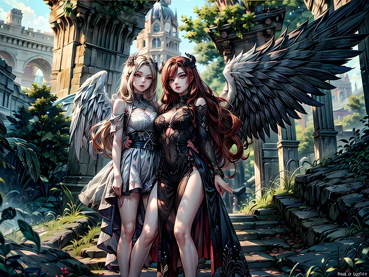 fantasy art, rpg art [[a picture of 2 women]], , a female angel (masterpiece, 1.3, intricate details), wearing dress, pale skin,...