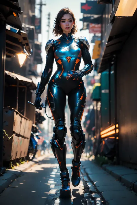 Street, motorcycle, full body shot, wharf scene, a beautiful young cyborg woman riding a KTM 450 motocross motorcycle, glamorous shape, shoulder-length, beautiful shiny smooth, light brown hair, (Best quality, 4K, 8k, A high resolution, masterpiece:1.2), a...