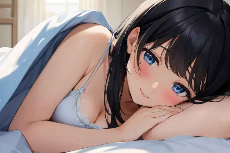 Masterpiece、highest quality、1 female、Super detailed Black Hair、bangs Blue Eyes、Detailed depiction of the eyes Smiling、blush camisole Face is close、Facial Close-up、Bring your face closer Sheetsに寝転がる、Lying on your side Sheets