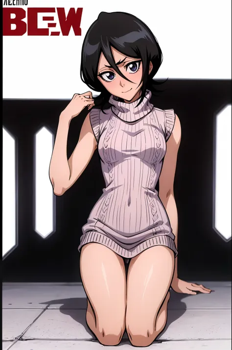 (virgin killer sweater),head tilt, coquettish smile, long eyelashes,((best quality)), ((highly detailed)), , (1girl),rukia, blac...