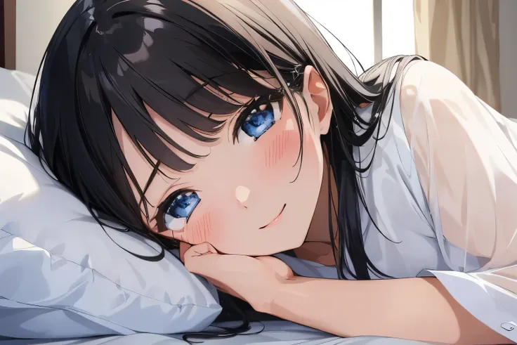 Masterpiece、highest quality、1 female、Super detailed Black Hair、bangs Blue Eyes、Detailed depiction of the eyes Smiling、blush see through Face is close、Facial Close-up、Bring your face closer Sheetsに寝転がる、Lying on your side Sheets