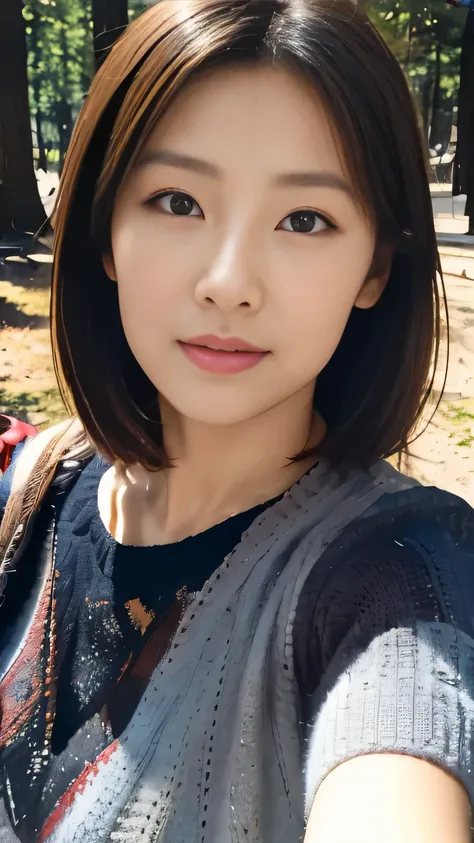 1 female((Upper body selfie, Happy)), masterpiece, highest quality, Very detailed, alone, Outdoor, (night), Mountain々, nature, (performer, moon) Hilarious, Happy, Backpack, sleeping bag, Camping stove, Water bottle, Mountain boots, gloves, sweater, Have, f...