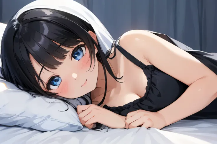 Masterpiece、highest quality、1 female、Super detailed Black Hair、bangs Blue Eyes、Detailed depiction of the eyes Smiling、blush camisole Face is close、Facial Close-up、Bring your face closer、hug Sheetsに寝転がる、Lying on your side Sheets