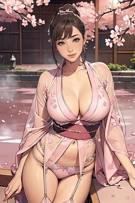 (((50-year-old woman、Wearing a thin, sheer, decorated kimono)))、high resolution、high quality、High resolution、detailed、masterpiece、Mature Woman、Big smile、Light brown hair、Bun hairstyle、Perfect Proportions、Kimono-style costume、Embellished see-through bra、(((...