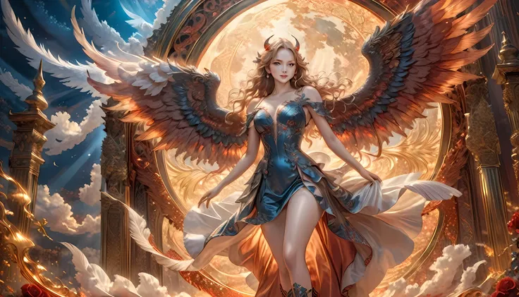 fantasy art, rpg art, a picture of (2 women: 1.6), a female angel (masterpiece, intricate details: 1.5), wearing dress, pale ski...