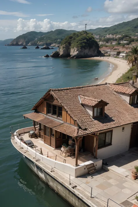 Desenho de contorno de navio, dividido em bays, with chimney and house