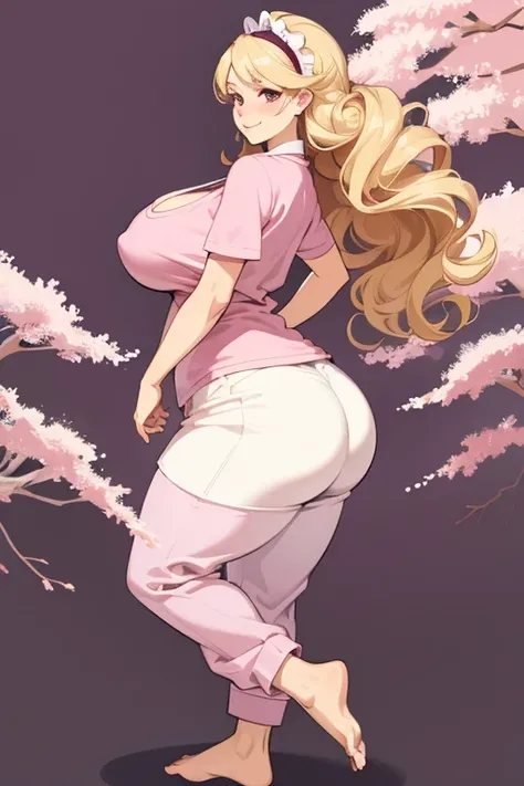 Best quality, solo mature woman, gigantic breasts, huge ass, voluptuous, bimbo, long curly ash blonde hair, soft headband, cherry blossom pink eyes, full lips, seductive, smiling, cute pj top, cute pj shorts, love handles, anime style, flat vector art