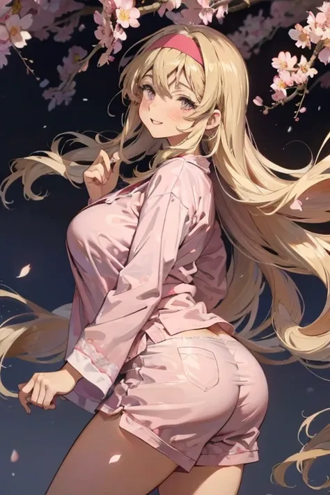 Best quality, solo mature woman, gigantic breasts, huge ass, voluptuous, bimbo, long curly ash blonde hair, soft headband, cherry blossom pink eyes, full lips, seductive, smiling, cute pj top, cute pj shorts, love handles, anime style, flat vector art