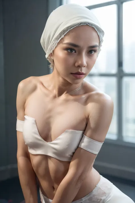 Lace blindfold,  ((SHORT HIJAB)), ((Flat chest:1.7)), (dynamic photograph of a 58 year old Indonesian woman), (slim top, cotton panties), (straight non curly hair), (highly detailed face:1.4), (vascular muscles and abs:1.3), (background inside light, brigh...