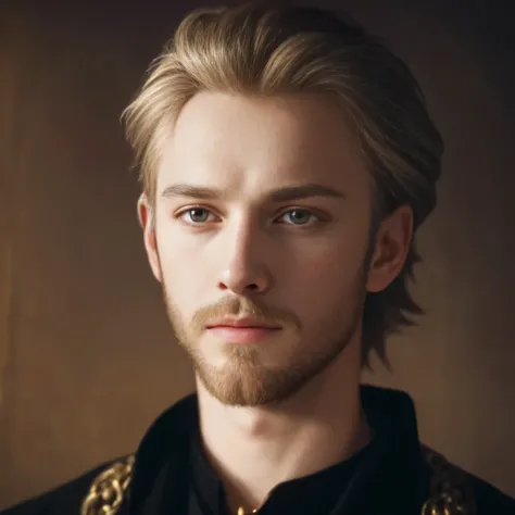 arafed man with a beard and a black shirt and a gold chain, portrait of magical blond prince, tuomas korpi and wlop, renaissance prince, ryan dening, beautiful androgynous prince, hamlet, royal portrait, majesty in noble clothes, aristocratic, avatar image...