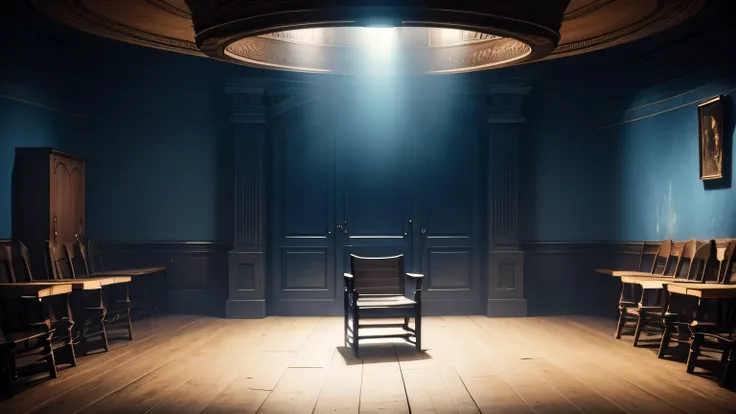 background, a dark and strange room, illuminated by a mixture of blue, brown and yellow light, the focus of light is on an old wooden chair placed in the center of the room, darkness reigns