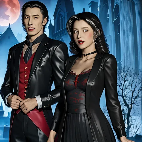 arafed woman in a dress and a vampire man in a suit, vampire fashion, vampires fantasy, gothic romance, vampires, vampire, emma ...