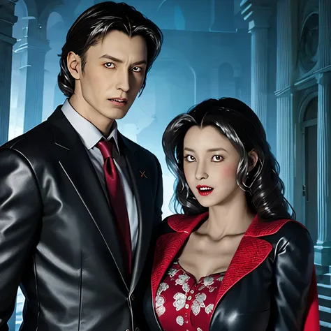 arafed woman in a dress and a vampire man in a suit, vampire fashion, vampires fantasy, gothic romance, vampires, vampire, emma ...