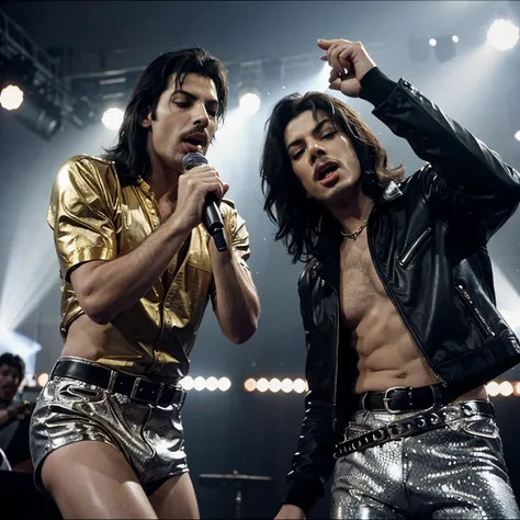 Freddie Mercury y Michael Jackson cantando en un concierto y nada mas, 