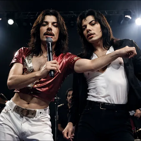 Freddie Mercury y Michael Jackson cantando en un concierto y nada mas, 