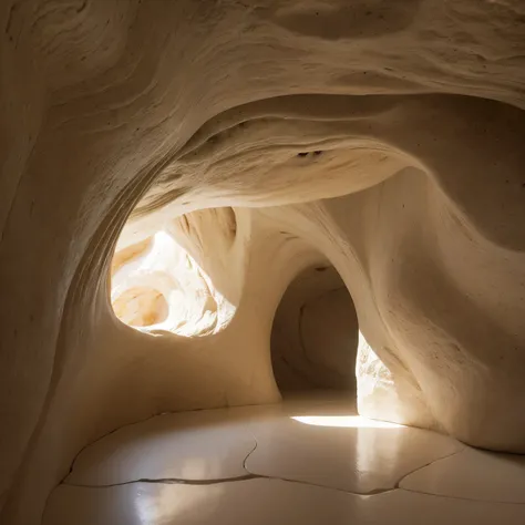 Interior design of cave in large room，Beige style，Dreamy surreal composition，Rock walls，Organic stone carving，Glazed，Rendering in Mayan，Subtle tonal gradient，Whimsical Form