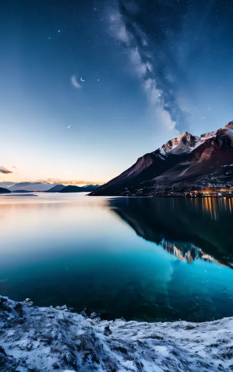 des montagnes et un lac avec une lune dans le ciel, Highly detailed 4K digital art, Fond d&#39;screen HD 4K très détaillé, paysage fantastique impressionnant, fond d&#39;screen fantastique de science-fiction, unreal engine 4k wallpaper&#39;screen, Detailed...