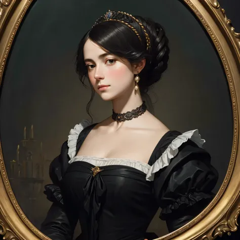 a close up of a painting of a woman with a black dress, inspired by Friedrich von Amerling, inspired by Jacopo Amigoni, by Emanuel de Witte, inspired by Domenico Quaglio the Younger, inspired by Jean-Marc Nattier, neoclassical portrait, inspired by Barthol...