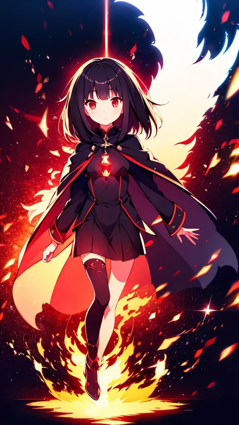 1girl, black hair, red eyes, fire witch, blood, light particles, light rays, wallpaper, high contrast, colorful, full body