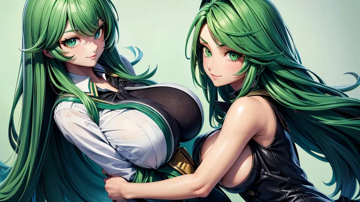 Extremely beautiful girl, green hair, long hair, bright green eyes, Green high school girl uniform, huge breasts, Tugging a guys arm seductively, good quality, masterpiece, Beautiful eyes, Detailed eyes, Big eyes, Visual novel game style