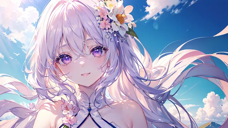 (Highest quality、masterpiece、Ultra-fine、Ultra-fine、delicate、delicate、16k、Full HD) 、(((Elevation)) 、((Only one person:1.5)) 、((Sunny sky)) 、smile、(Full of energy)(Purple Eyes、Long eyelashes、White skin、slim、Pale pink lips、Pale pink cheeks、thin and long)、(Thi...