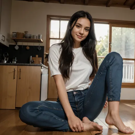 One woman of about 20 years old, black long hair, body measurement 36-25-36, height 57", Hazel eyes, wearing shirt and jeans, tight outfit, sitting on the floor with a cat, emo girl and her cat, with cats on her side, woman and cat, catgirl, cats on her si...