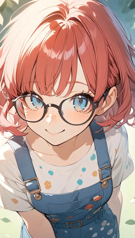 1 girl, Short Red Hair, Glasses, freckles, Overalls,  smile,  