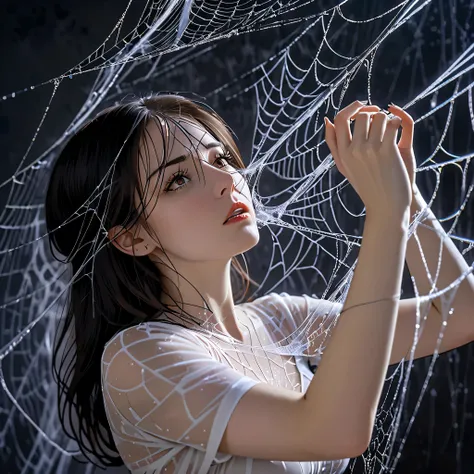 a woman entangled in the spiders web, cobweb