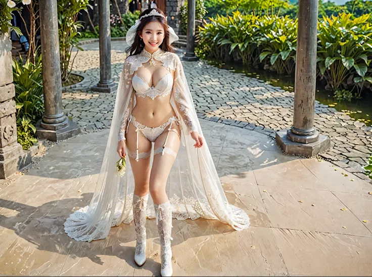 female knight dress up, Lustful eyes, Smile, Sexy white bikini lingerie wedding dress，Lace lingerie, Lace panties, long legged girl, Put on white boots, ,full body xianxia, Huge breasts，Put on your hat，fantasy服装, Put on a cape, Lace cape，穿着fantasy服装, Real ...