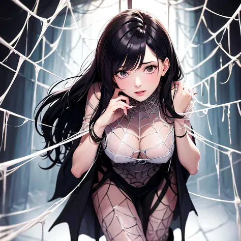 woman entangled in the spider's web, restrained,