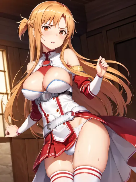 Asuna Yuki(Sword Art Online),Dynamic Angle,Long bronze hair,Braiding,Brown eyes,Fine grain,Big bust line,Roll forward,real,Her slim legs are really cute,Very beautiful long legs,White knee-highs,Perfect body,real,Are standing,white lace luxury panties,Dyna...