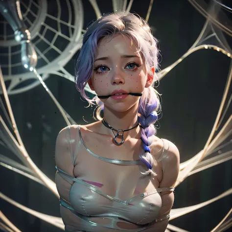 helplessly entangled in the spiders web(long lavender colored hair with a single braid accent),(grey colored eyes),(youthful freckles over nose), (anime) in bar, (choker necklace), (mischievous troublemaker), (sh44r) ,(bar setting). (best quality, 4k, high...