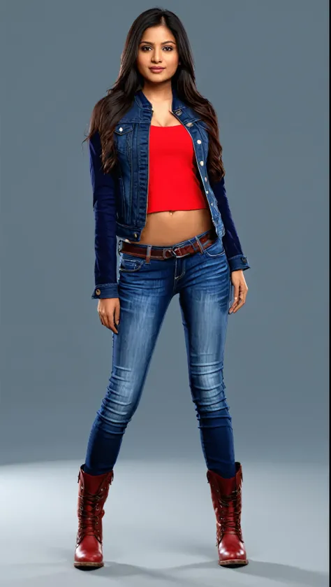 Create a 3d model of beautiful latina-indian female model wearing red top and jeans with jacket, full body character, long hair, with medium chest, wearing boots