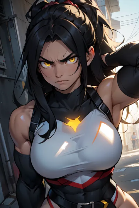 an angry muscular girl with long silky black hair and yellow eyes