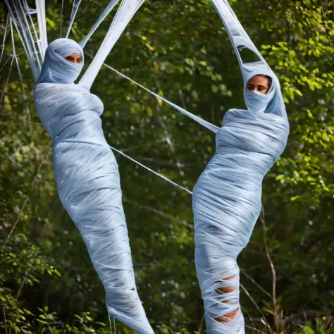 a woman in a tight web bondage, cocooned, struggle in the web