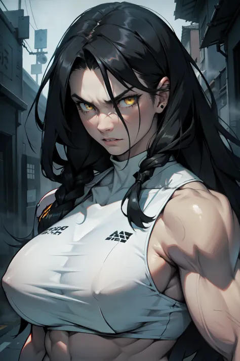 huge  1girl black hair yellow eyes very long hair pale skin angry (((muscular))) dark atmosphere foggy