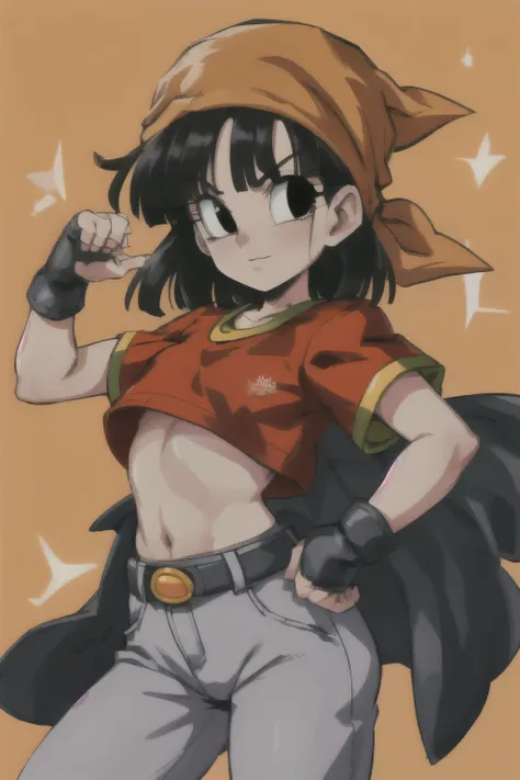 pandballgt, 1girl, black eyes, black hair, short hair, orange bandana, pants, hands in pockets, red shirt, crop top,  female, bi...