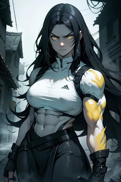 huge  1girl black hair yellow eyes very long hair pale skin angry (((muscular))) dark atmosphere foggy