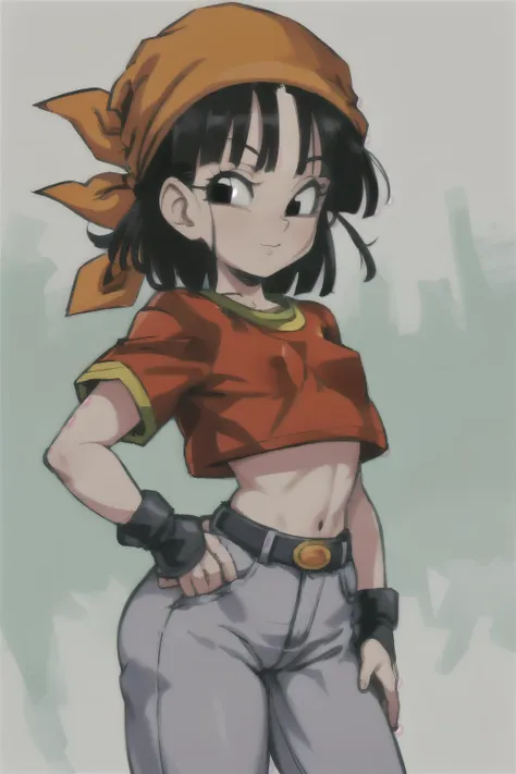 pandballgt, 1girl, black eyes, black hair, short hair, orange bandana, pants, hands in pockets, red shirt, crop top,  female, bi...