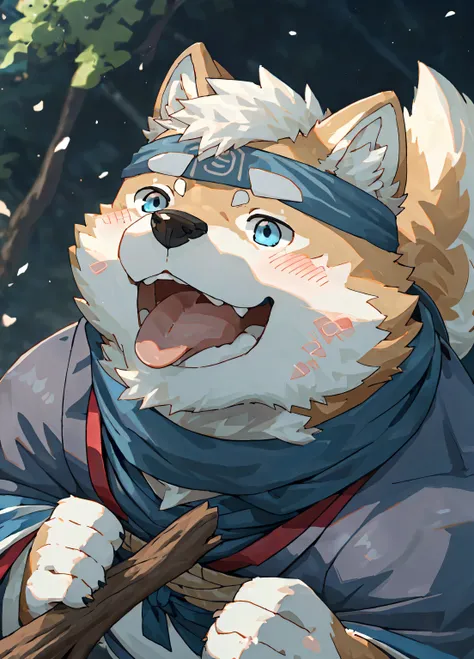 (masterpiece)，(Very detailed)，(best quality)，hairy，Shiba Inu，fur，white hair，Gray pupil，(Japan samurai attire)，((blue scarf))，((Stick out your tongue and gasp))，(blush:1.1)，((Cute expression))，8k，(high quality)，(Ultra HD)，(Super detailed)