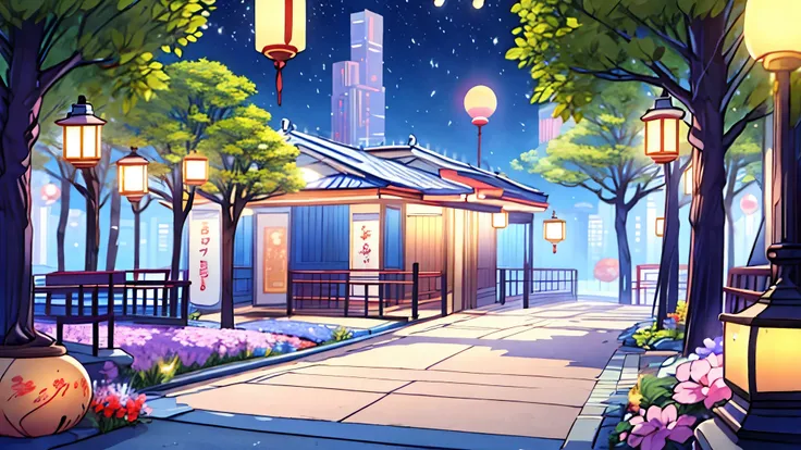 Moon, Park, night, city, lanterns, trees, A lot of trees,