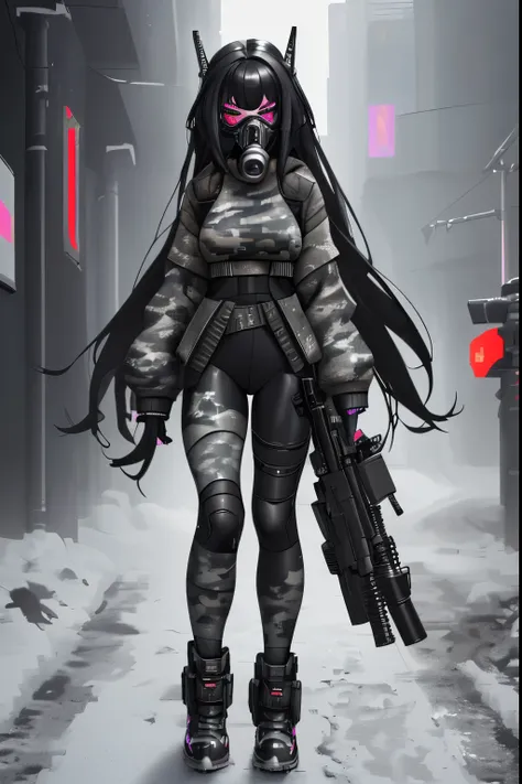 woman, cyberpunk metallic arms, wears a gas mask, long black hair, snow gray camouflage top, pixelated gray camouflage leggings,...